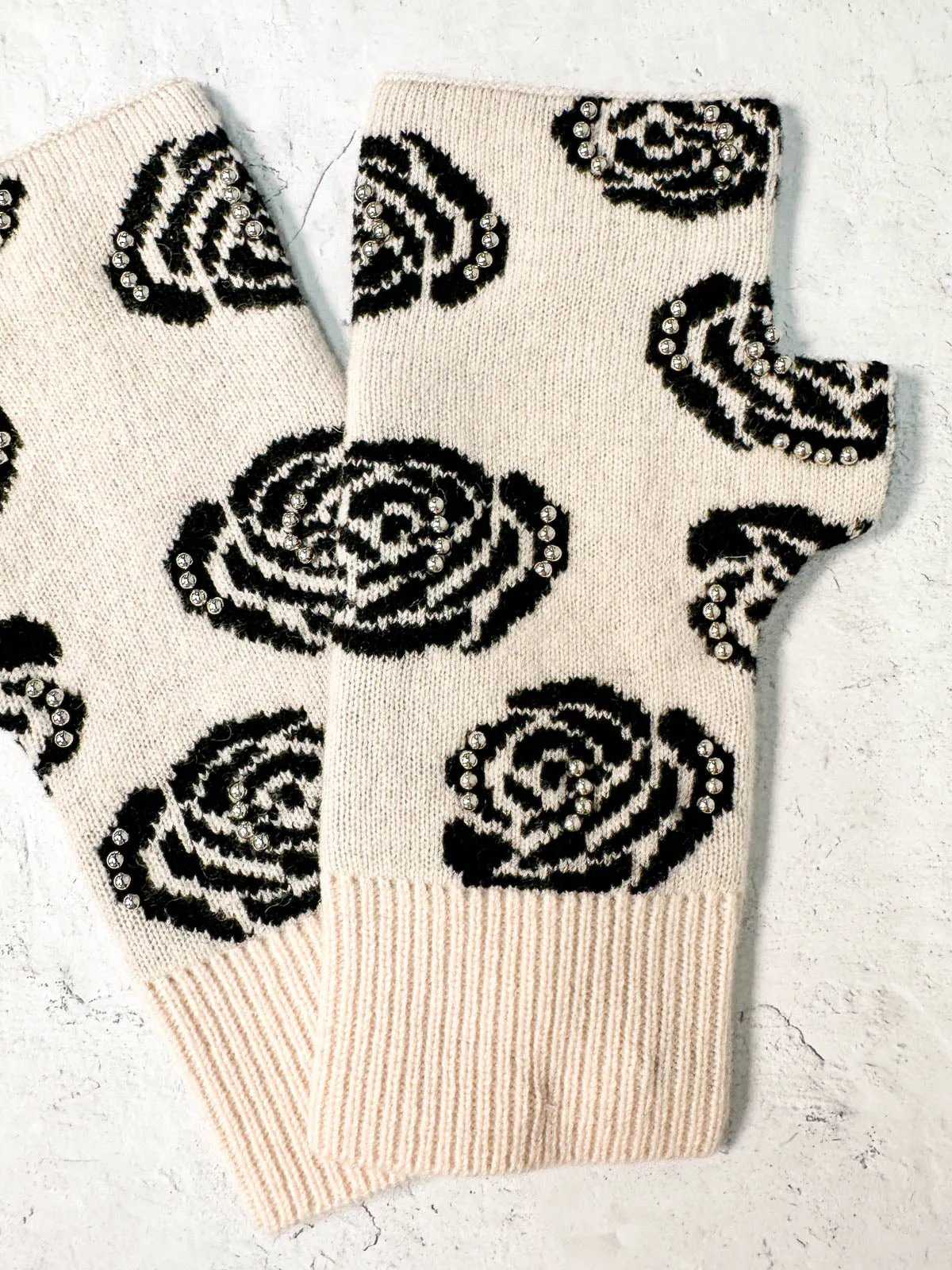 Rose Pattern Studded Fingerless Mittens, Ivory