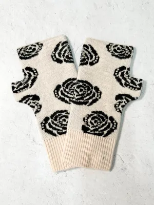 Rose Pattern Studded Fingerless Mittens, Ivory