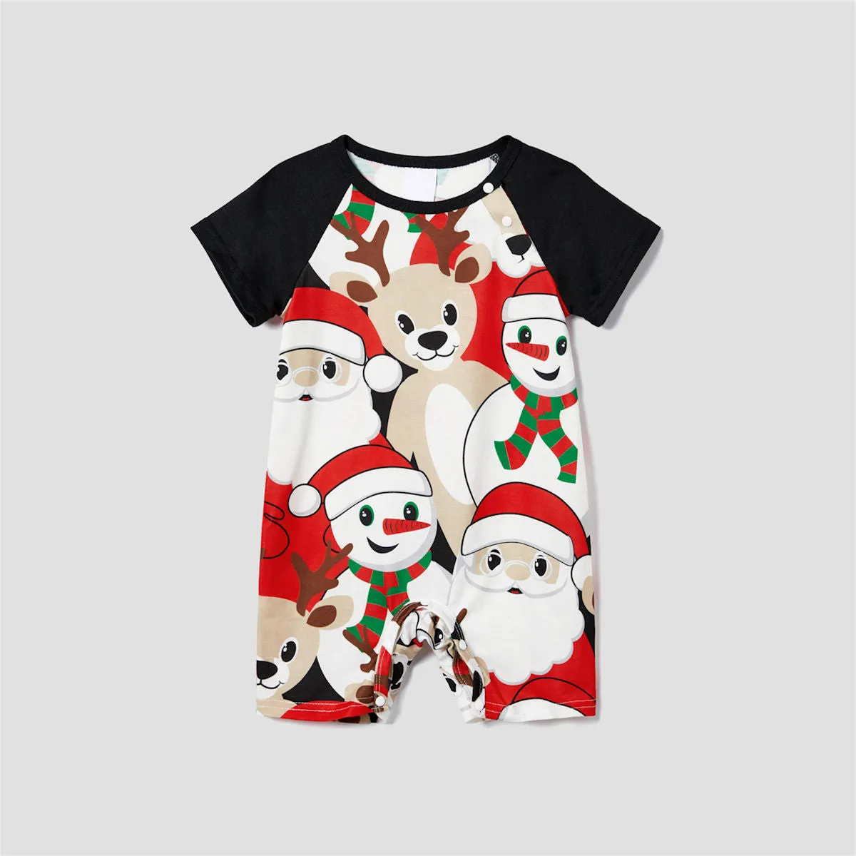 Rudolph Reindeer Hat Scarf Short Sleeve Christmas Pajamas Set Allover Santa Snowman Reindeer Print