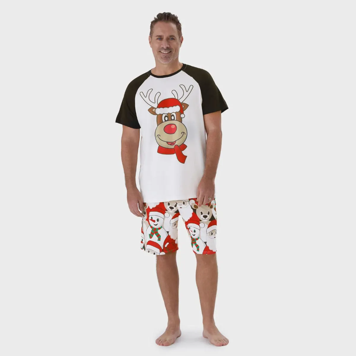 Rudolph Reindeer Hat Scarf Short Sleeve Christmas Pajamas Set Allover Santa Snowman Reindeer Print