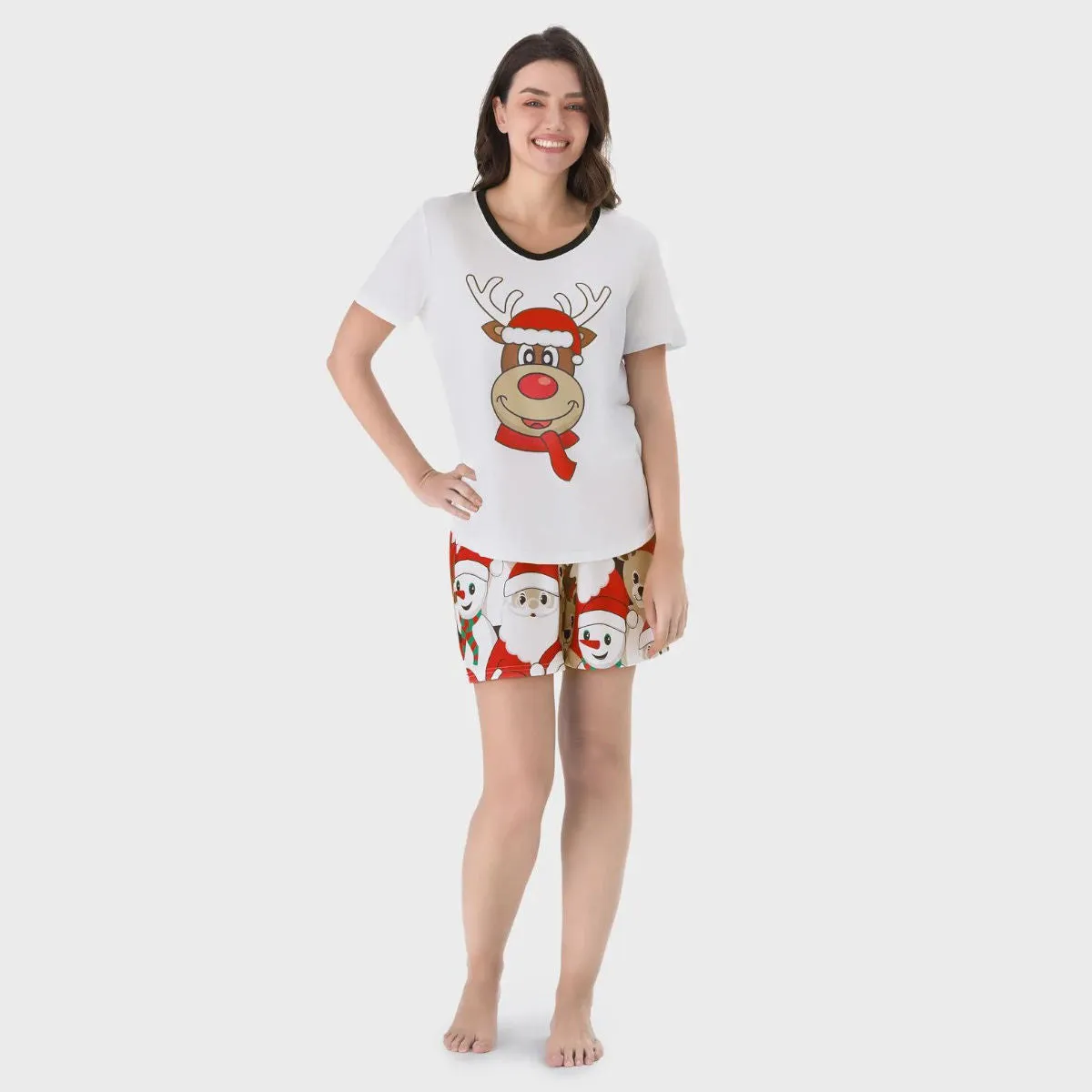 Rudolph Reindeer Hat Scarf Short Sleeve Christmas Pajamas Set Allover Santa Snowman Reindeer Print