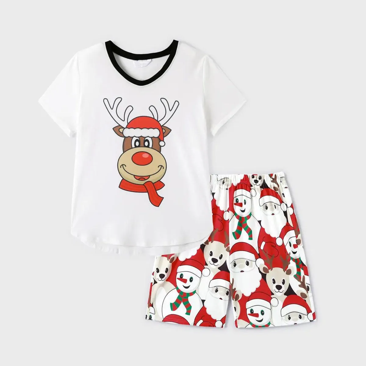 Rudolph Reindeer Hat Scarf Short Sleeve Christmas Pajamas Set Allover Santa Snowman Reindeer Print