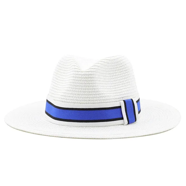 Striped Band Straw Wide Brim Hat