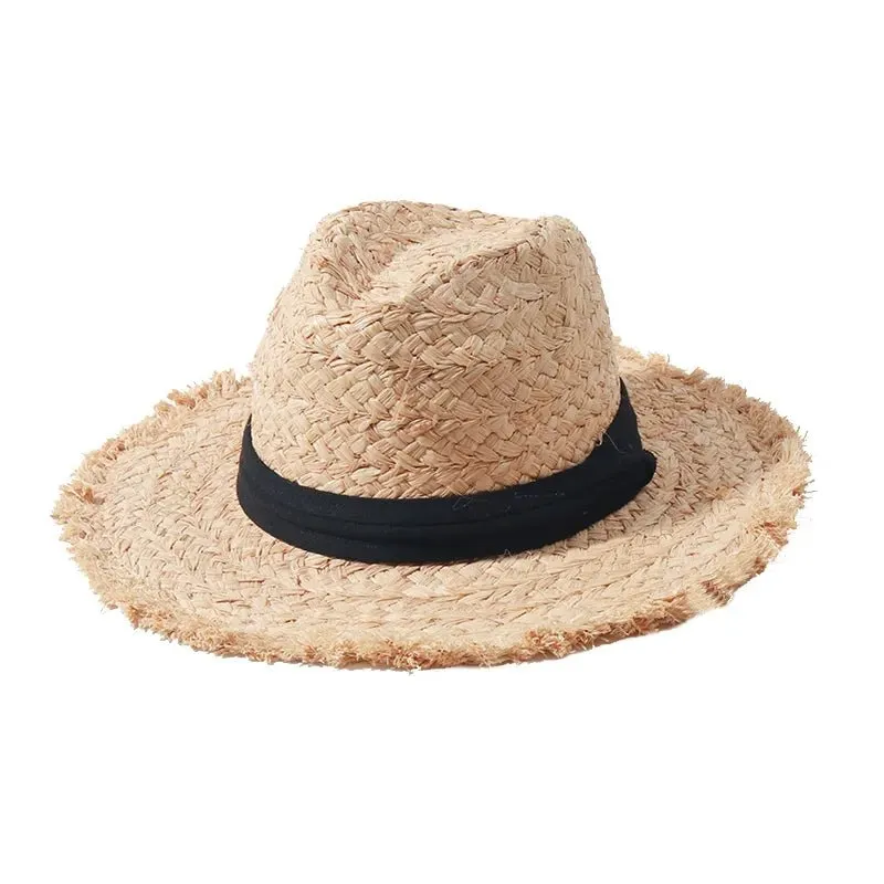 Summer Straw Hat with Black Ribbon and Frayed Edges