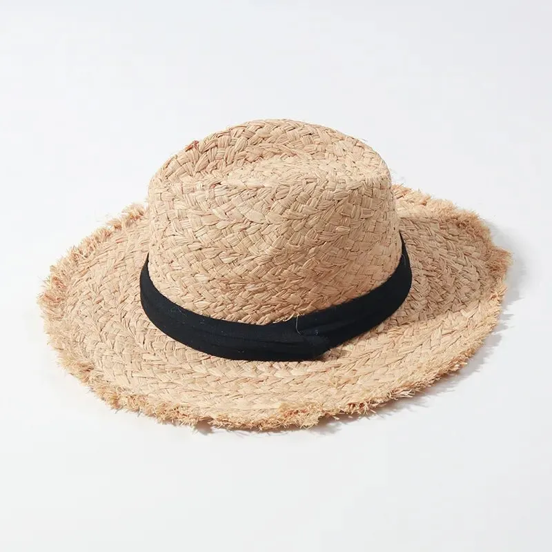 Summer Straw Hat with Black Ribbon and Frayed Edges