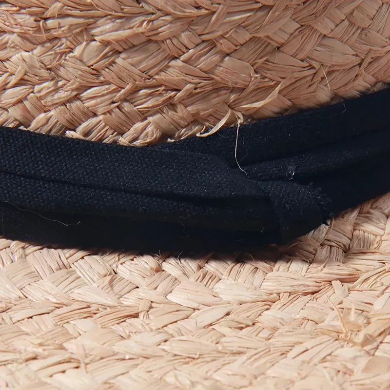 Summer Straw Hat with Black Ribbon and Frayed Edges