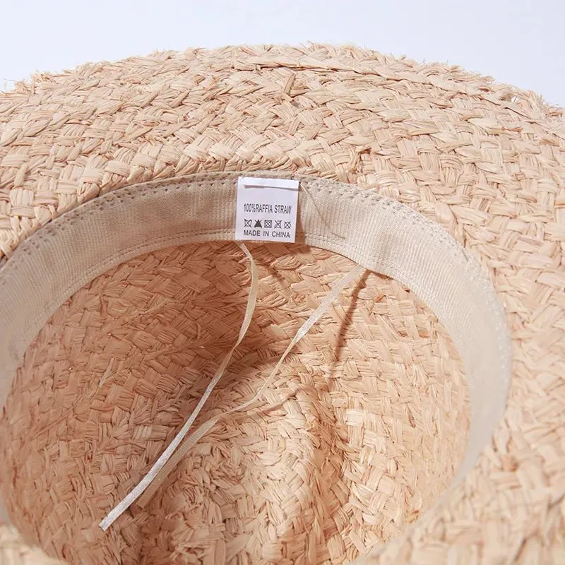 Summer Straw Hat with Black Ribbon and Frayed Edges