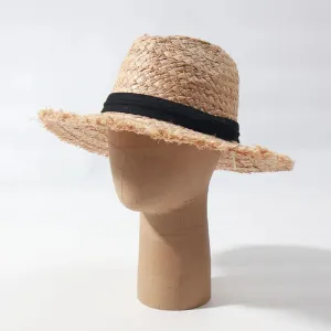 Summer Straw Hat with Black Ribbon and Frayed Edges