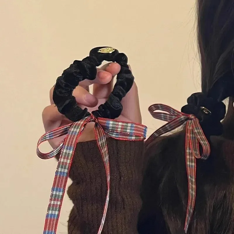 TAVIMART  -  Plaid Bow Hair Scrunchies Elastic Hair Scarf Black Hair Ties Bands Satin Hair Ribbon Scrunchy Red Ponytail Holder for Women Girl