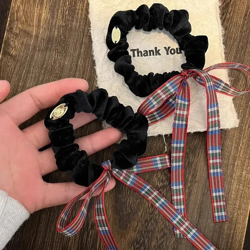 TAVIMART  -  Plaid Bow Hair Scrunchies Elastic Hair Scarf Black Hair Ties Bands Satin Hair Ribbon Scrunchy Red Ponytail Holder for Women Girl