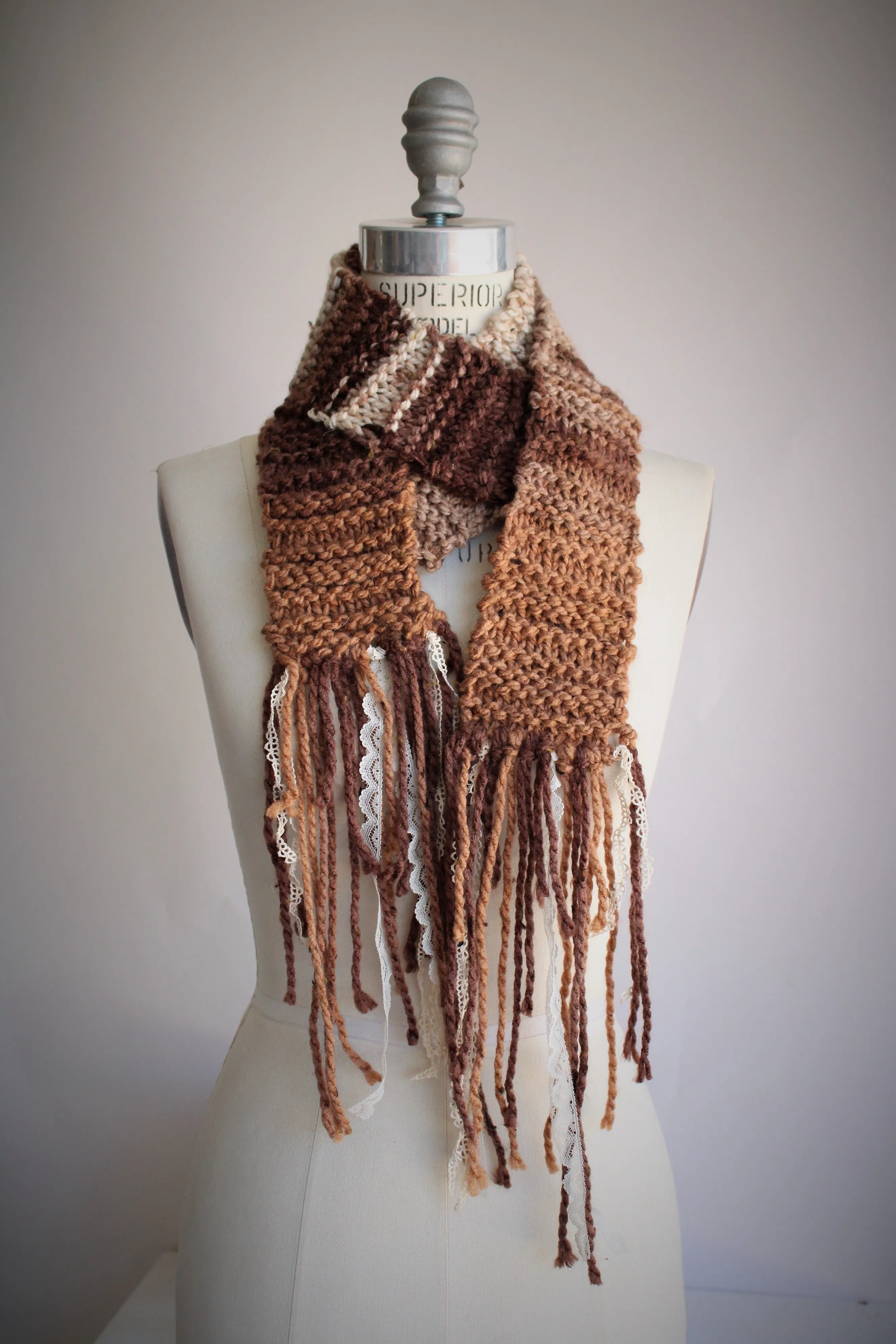 The "Autumn Tree" Knit Scarf with Vintage Lace Fringe