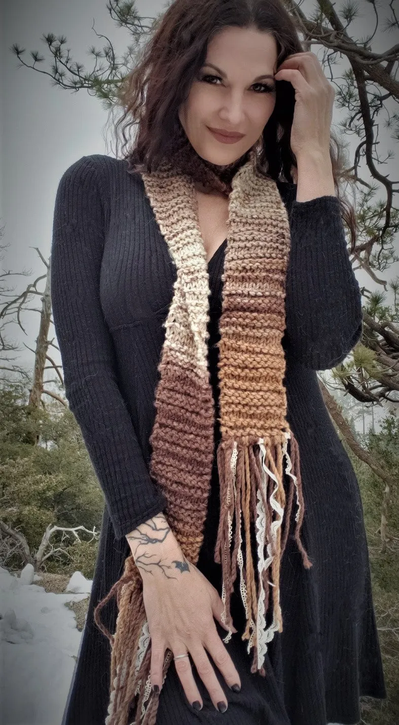 The "Autumn Tree" Knit Scarf with Vintage Lace Fringe