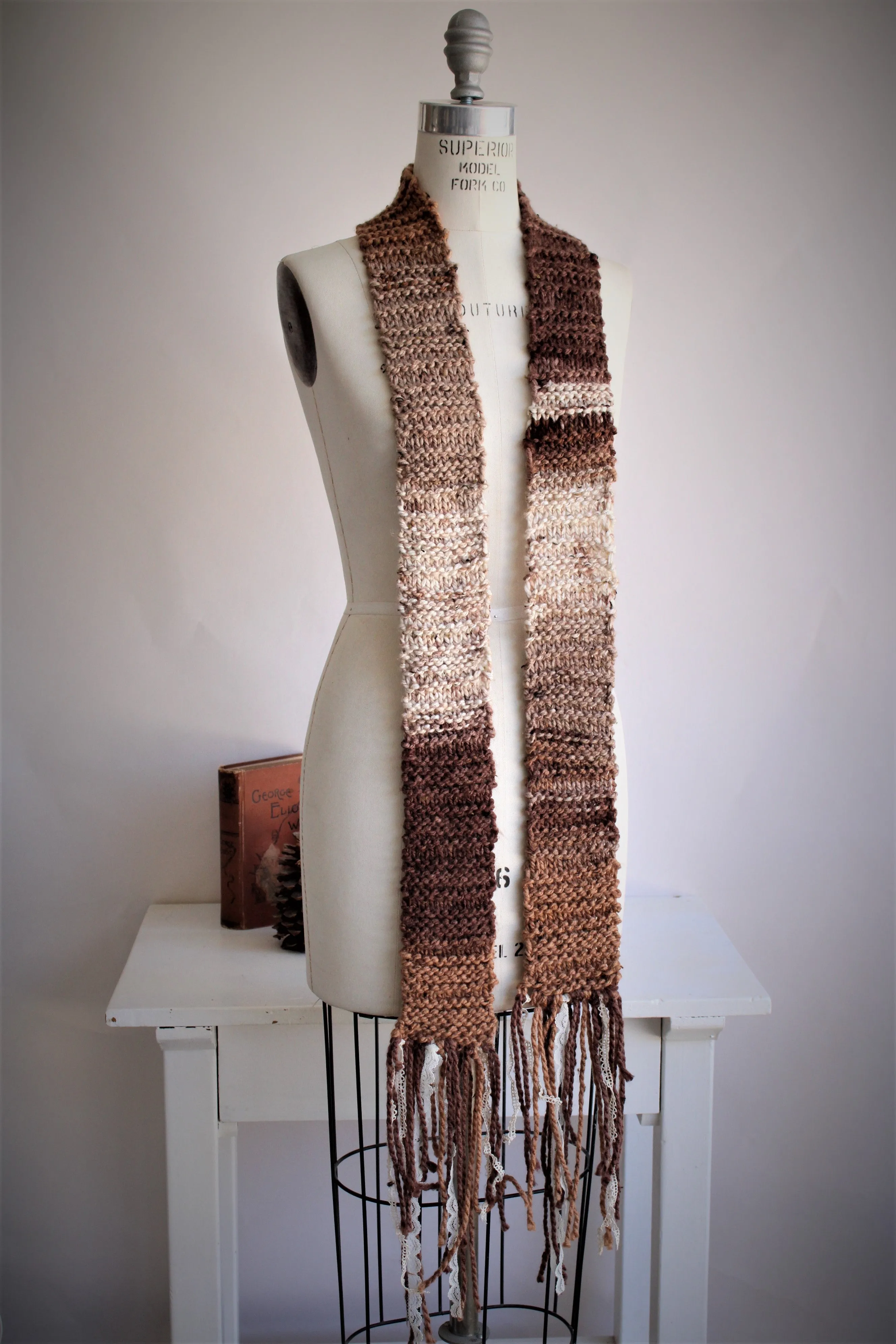 The "Autumn Tree" Knit Scarf with Vintage Lace Fringe