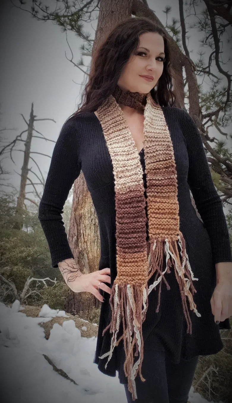 The "Autumn Tree" Knit Scarf with Vintage Lace Fringe