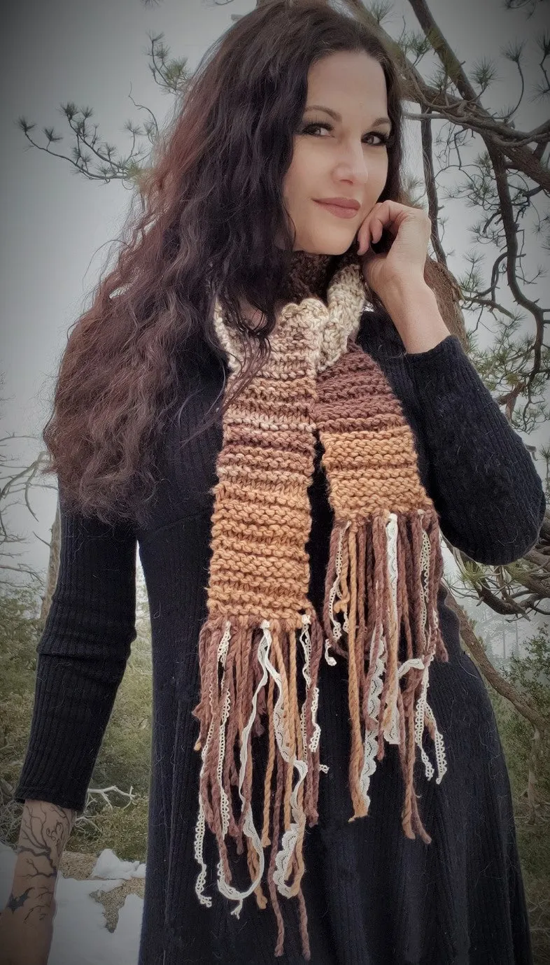 The "Autumn Tree" Knit Scarf with Vintage Lace Fringe