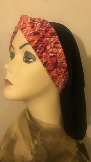 Top Knot Tichel Black Turban Snood With Colorful Band | Exercise Hijab | Made in USA by Uptown Girl Headwear