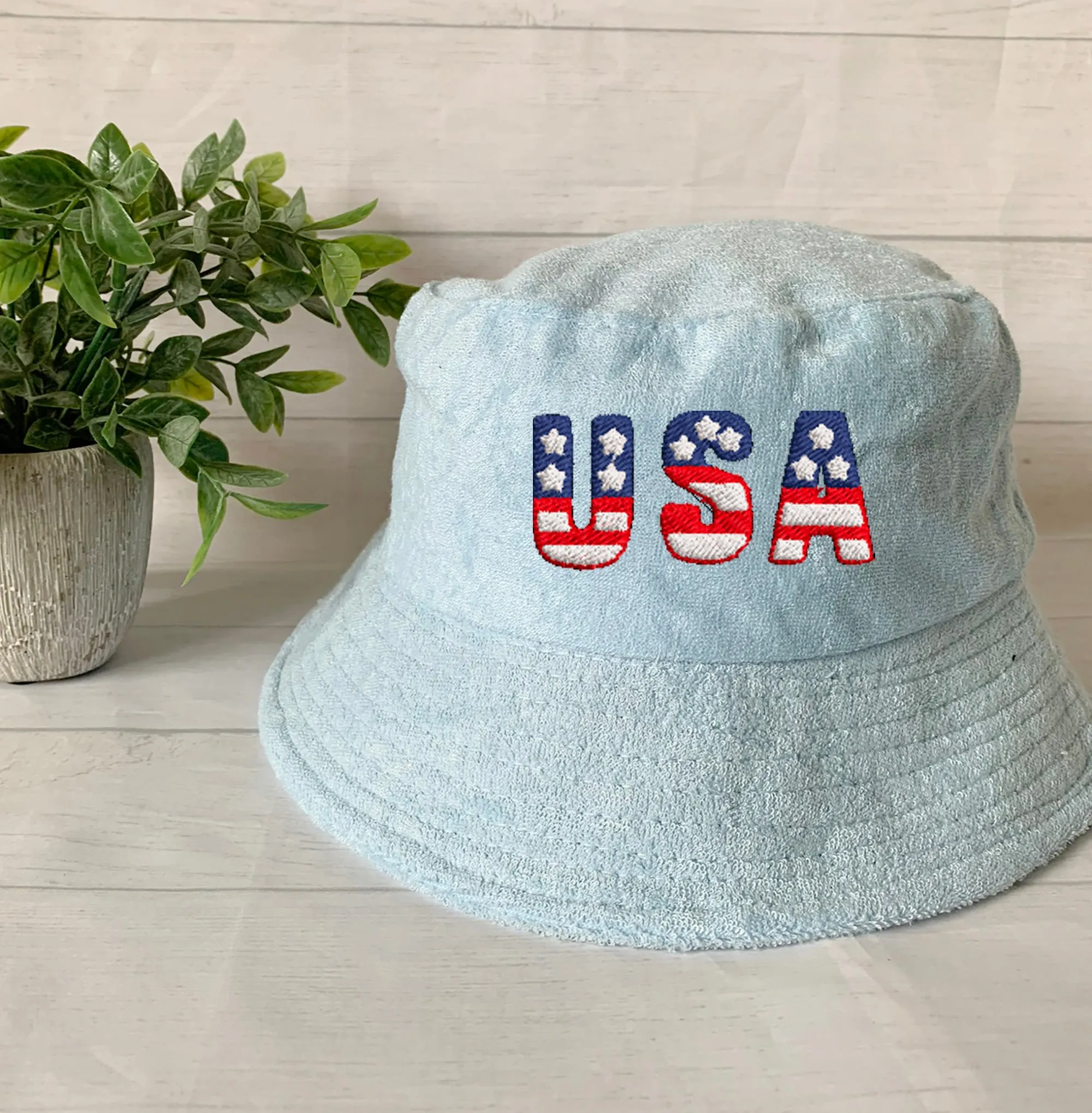 USA Flag Embroidery Terry towel Bucket Hat ,Personalized USA Flag Bucket Hat, 4th of July Hat , Patriotic cap, Fourth of July, Add your name