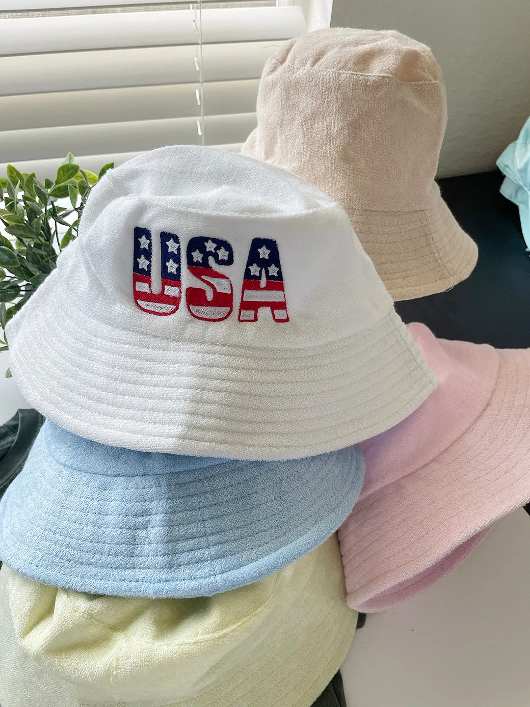 USA Flag Embroidery Terry towel Bucket Hat ,Personalized USA Flag Bucket Hat, 4th of July Hat , Patriotic cap, Fourth of July, Add your name