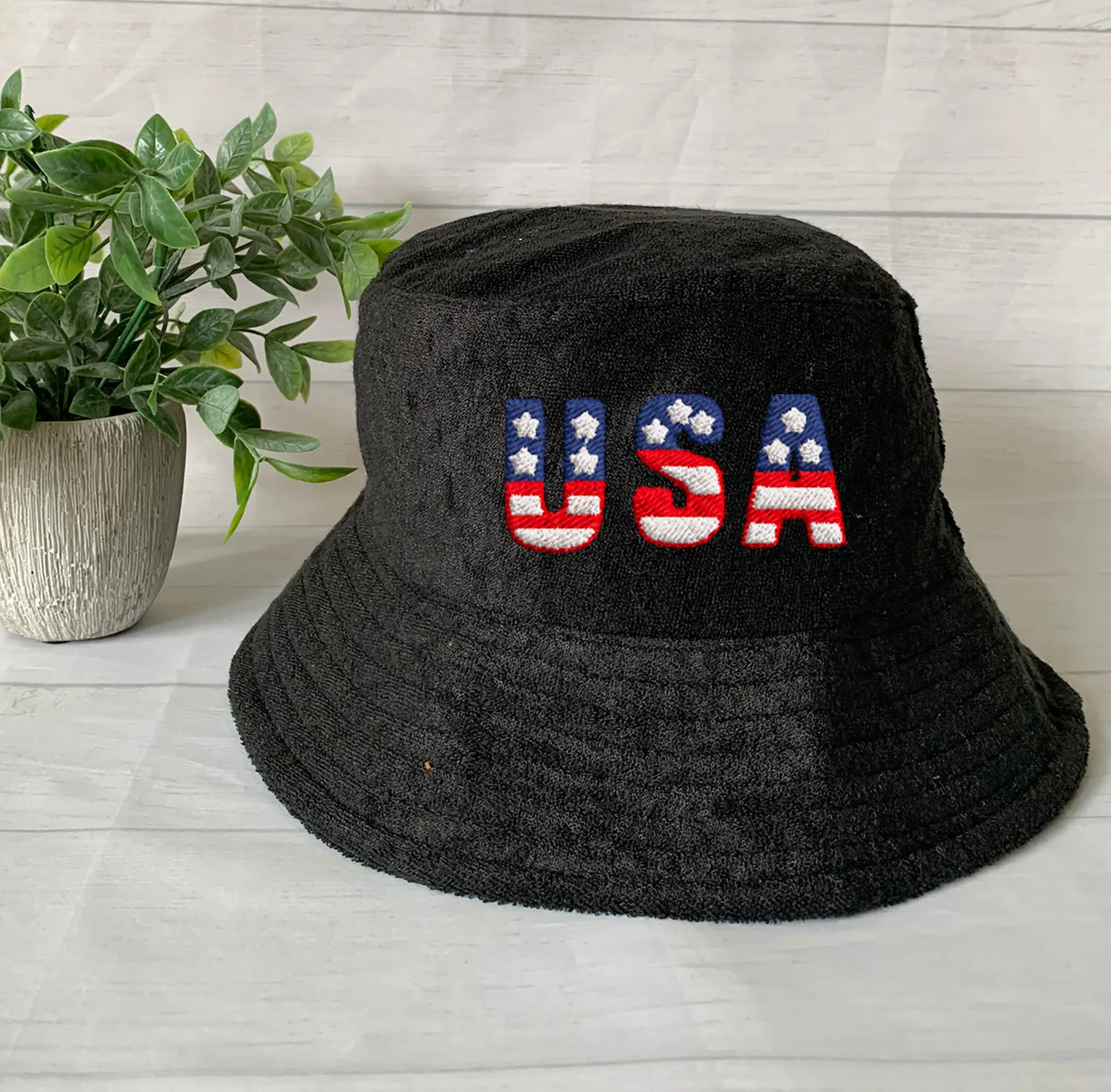 USA Flag Embroidery Terry towel Bucket Hat ,Personalized USA Flag Bucket Hat, 4th of July Hat , Patriotic cap, Fourth of July, Add your name