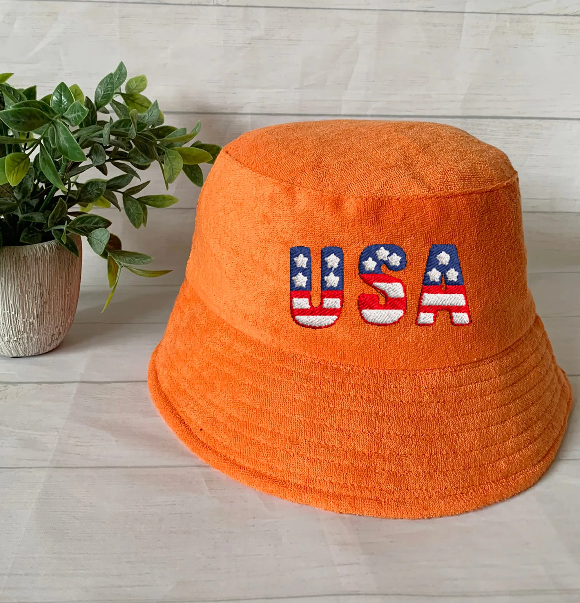 USA Flag Embroidery Terry towel Bucket Hat ,Personalized USA Flag Bucket Hat, 4th of July Hat , Patriotic cap, Fourth of July, Add your name