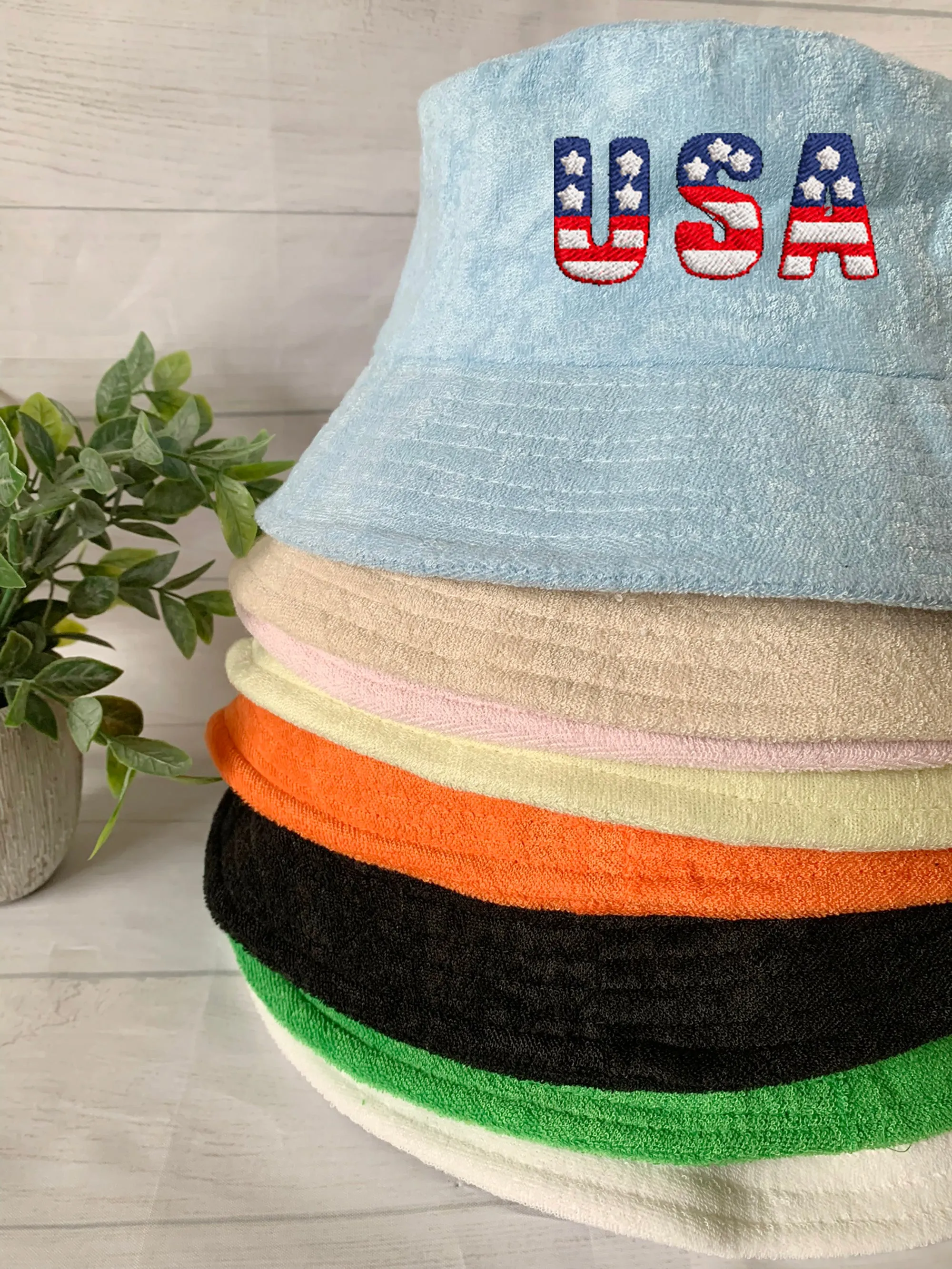 USA Flag Embroidery Terry towel Bucket Hat ,Personalized USA Flag Bucket Hat, 4th of July Hat , Patriotic cap, Fourth of July, Add your name