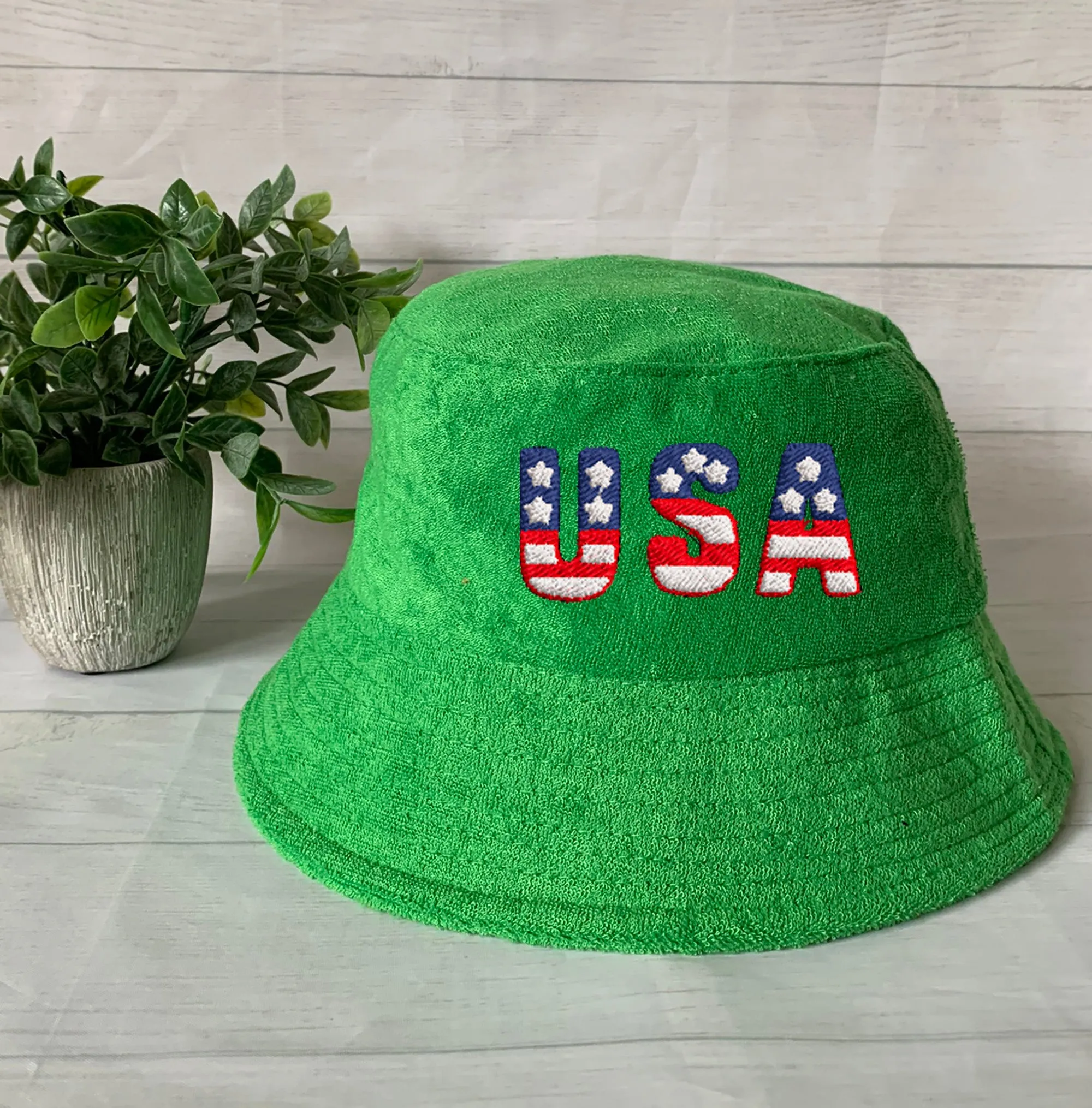 USA Flag Embroidery Terry towel Bucket Hat ,Personalized USA Flag Bucket Hat, 4th of July Hat , Patriotic cap, Fourth of July, Add your name