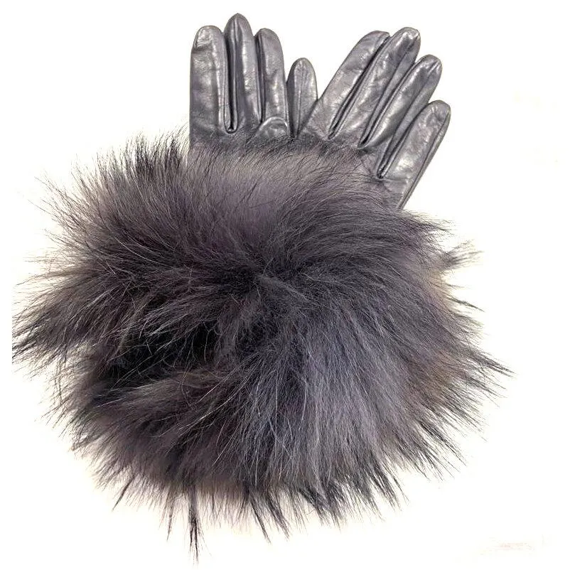 Veronique Massive Long - Women's Silk Lined Leather Gloves With Fox Fur Cuff