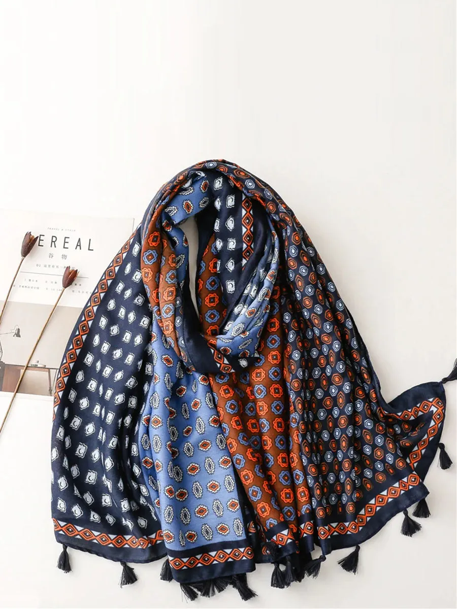 Vintage Geometric Spliced Tassel Sunproof Shawl Scarf