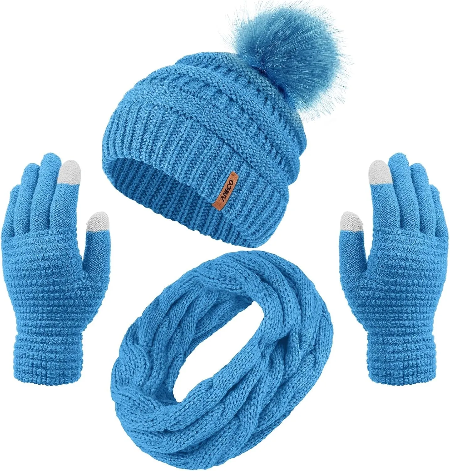 Womens Winter Warm Sets Knitted Fur Pompoms Beanie Hat Circle Loop Scarf Touch Screen Gloves Winter Favor Accessories