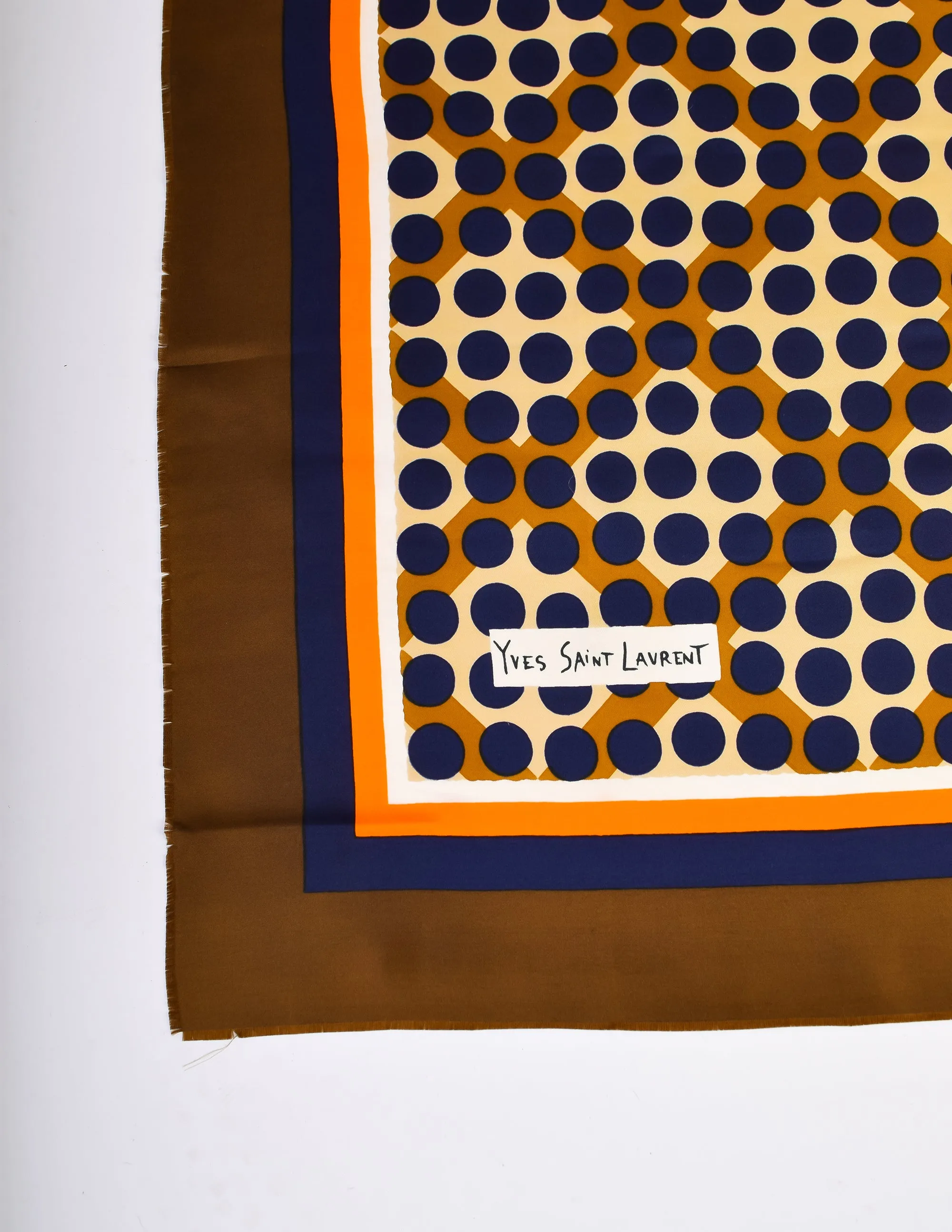 Yves Saint Laurent Vintage Brown Orange Blue Geometric Mod Silk Scarf